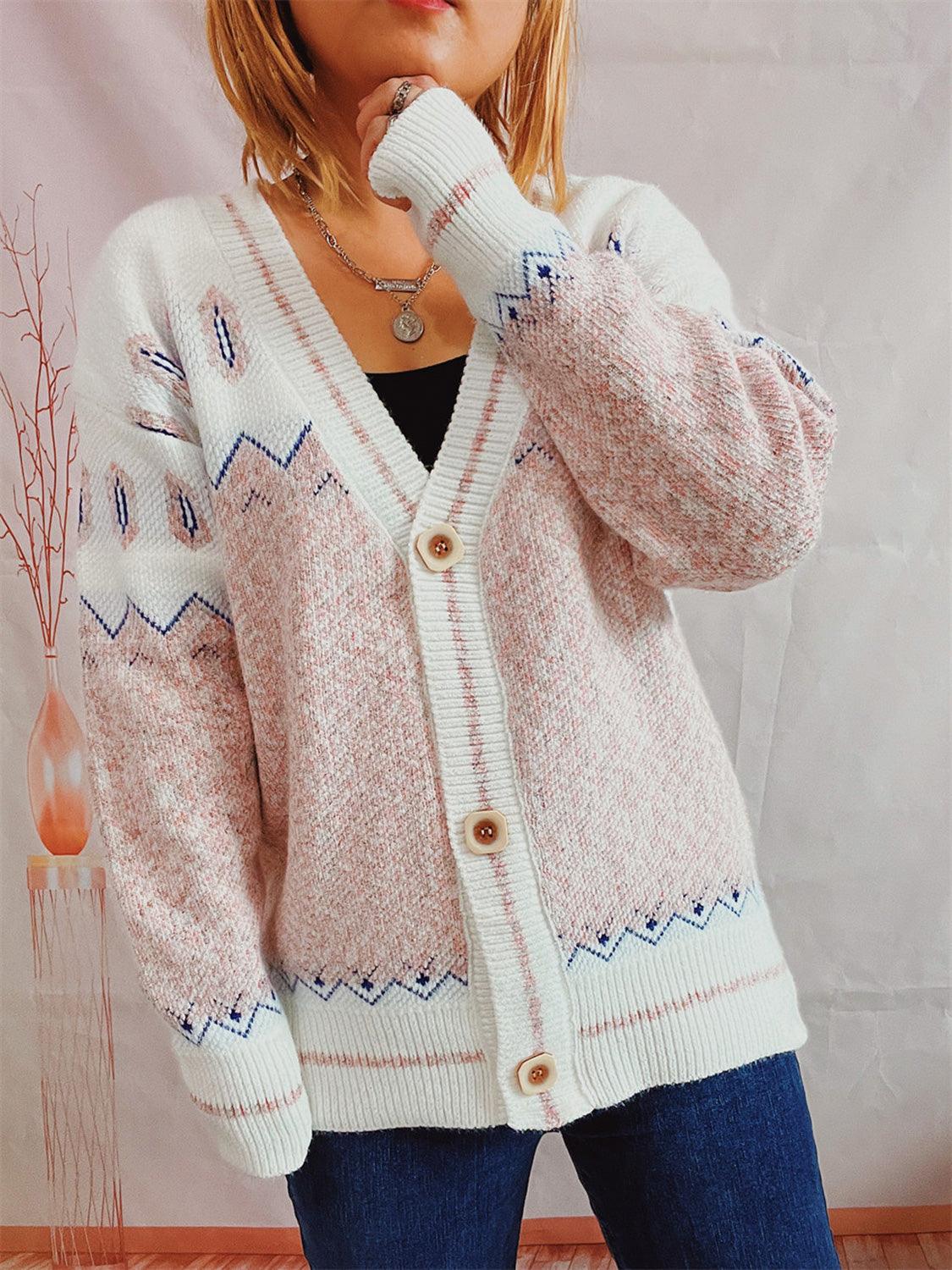 Geometric Button Front Long Sleeve Cardigan Carauana Store