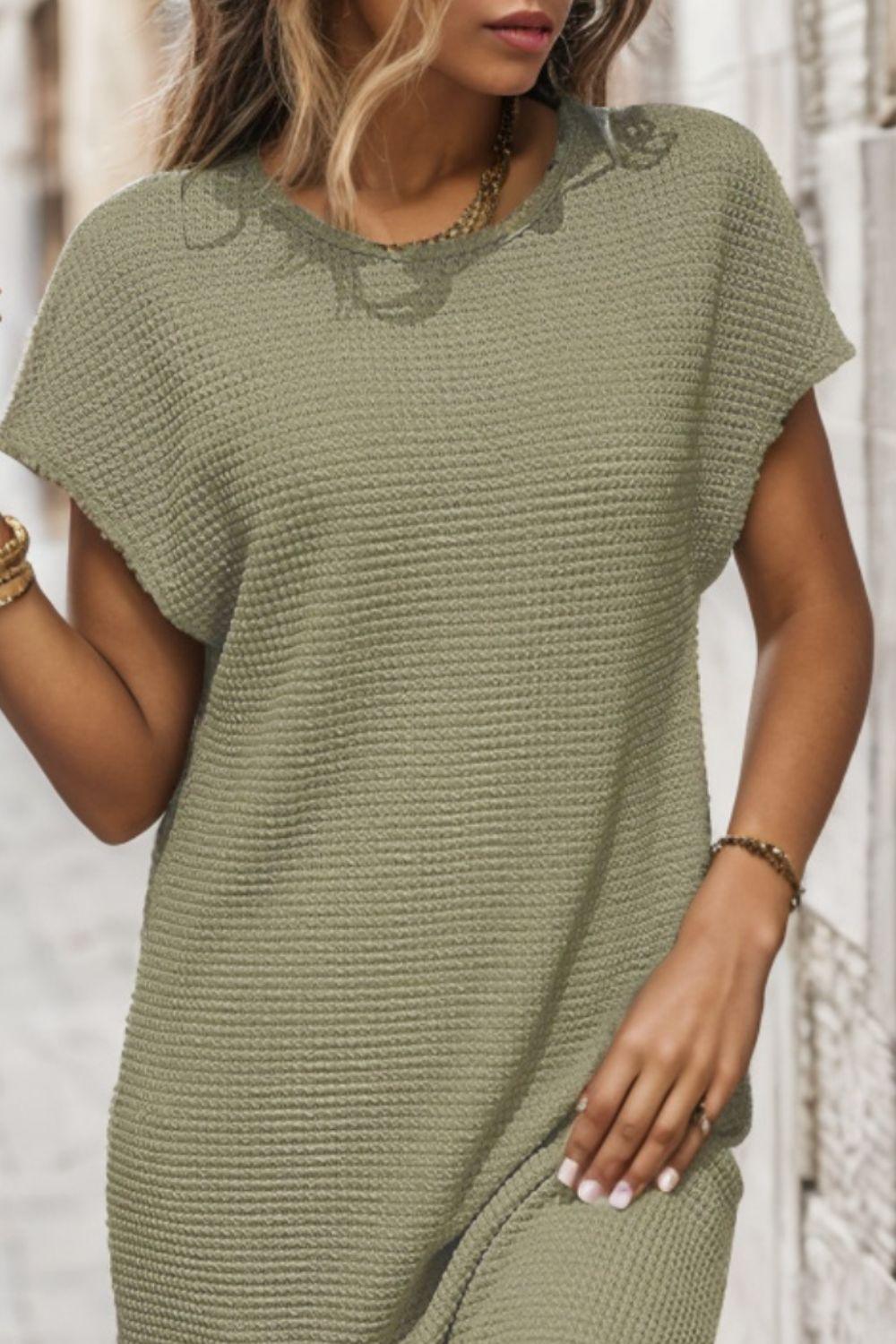 Waffle-Knit Cap Sleeve Knee Length Dress Carauana Store