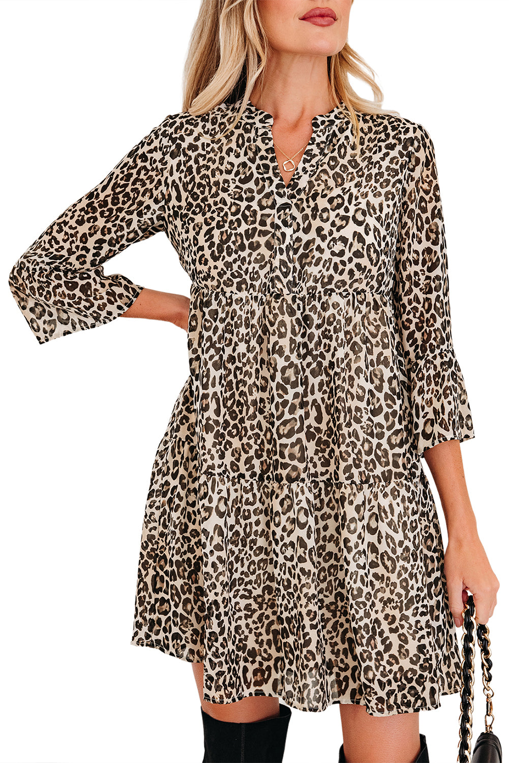 Khaki Leopard 3/4 Sleeve V Neck Swing Dress
