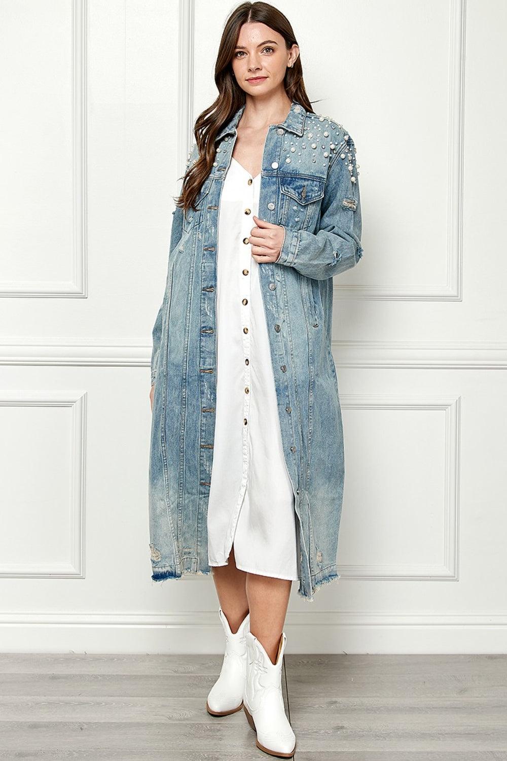 Veveret Full Size Distressed Raw Hem Pearl Detail Button Up Jacket Carauana Store