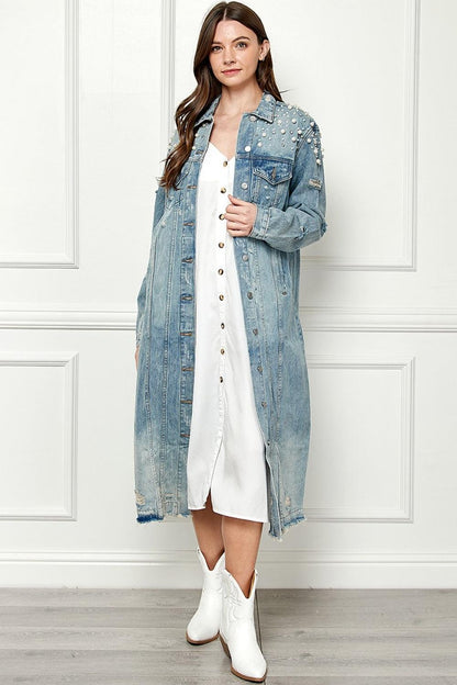Veveret Full Size Distressed Raw Hem Pearl Detail Button Up Jacket Carauana Store