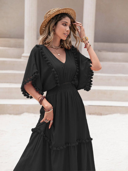 Tassel Trim Smocked V-Neck Short Sleeve Dress Carauana Store