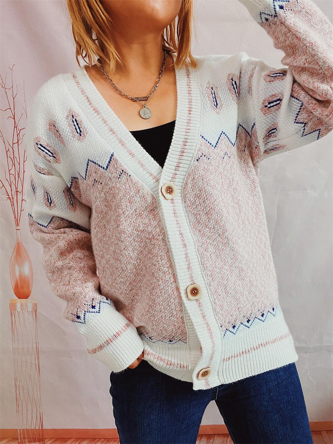 Geometric Button Front Long Sleeve Cardigan Carauana Store