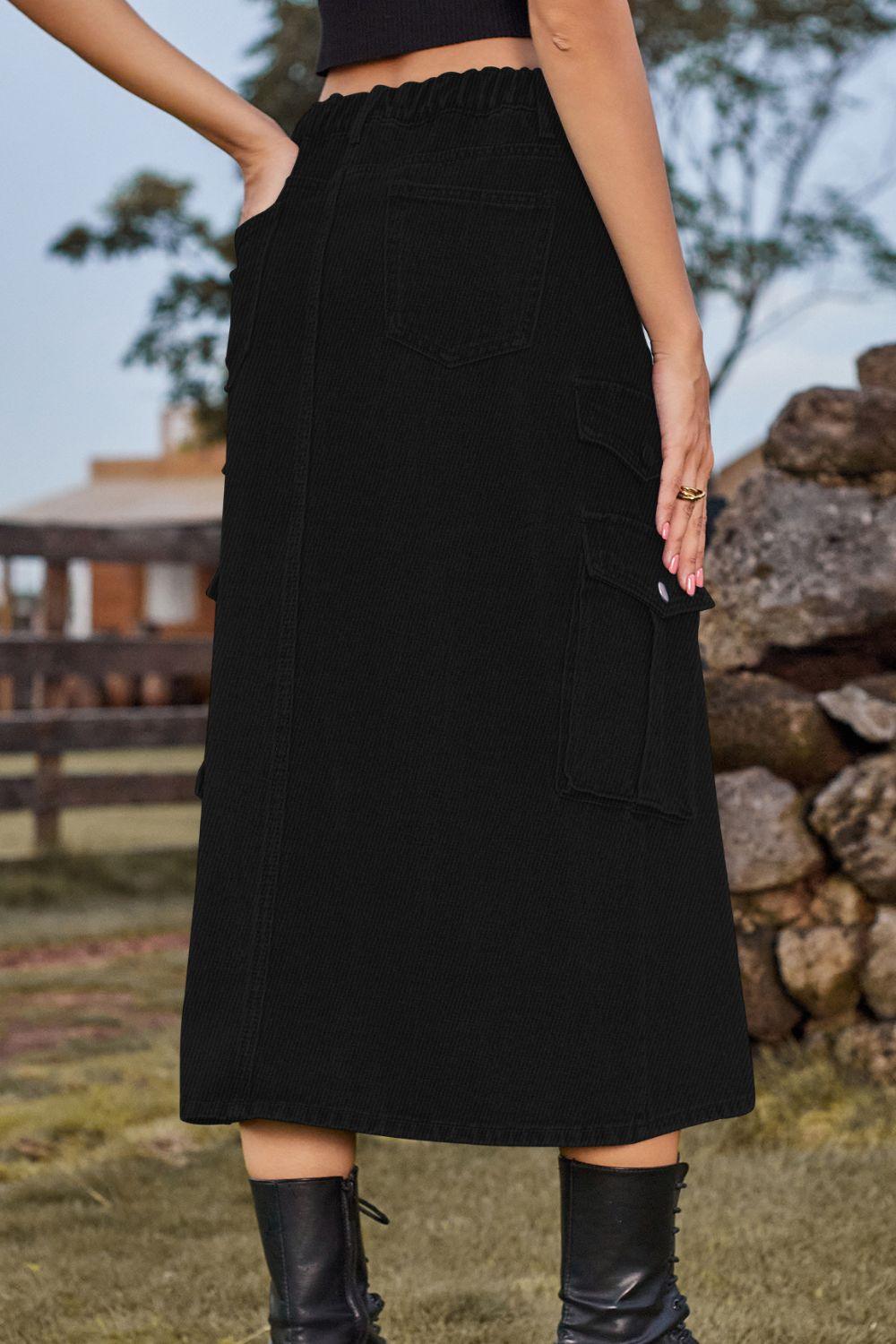 Slit Front Midi Denim Skirt with Pockets Carauana Store
