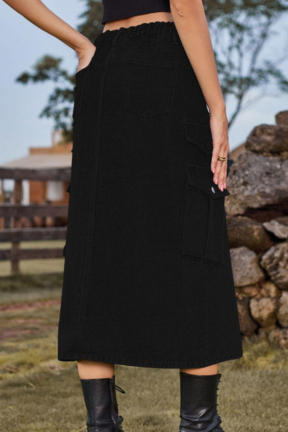 Slit Front Midi Denim Skirt with Pockets Carauana Store