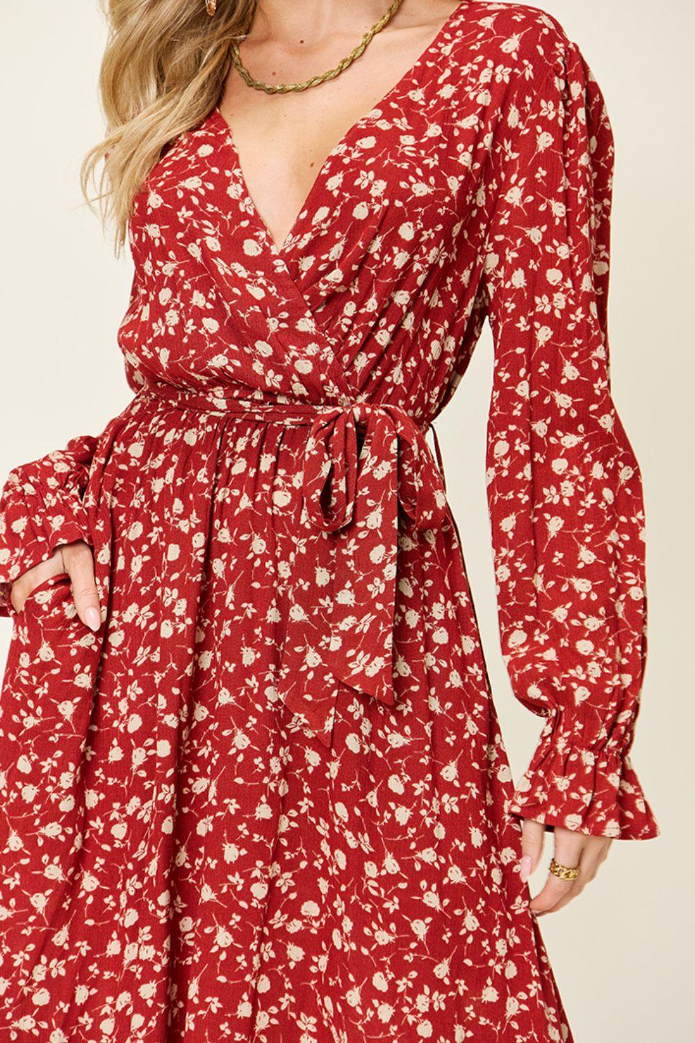 Double Take Full Size Tie Back Flounce Sleeve Dress Carauana Store