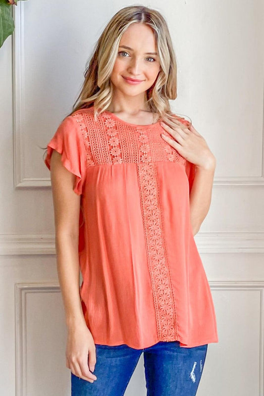 And The Why Lace Detail Ruffle Short Sleeve Blouse Carauana Store