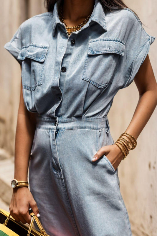 Slit Pocketed Half Button Denim Dress Carauana Store