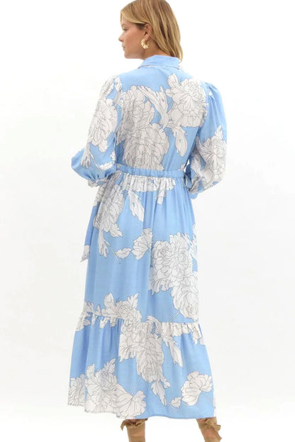 Sky Blue Floral Print Shirt Collar Button Down 3/4 Sleeve Ruffle Hem Long Dress