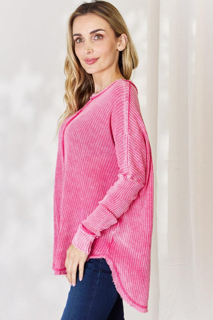 Zenana Oversized Washed Waffle Long Sleeve Top Carauana Store