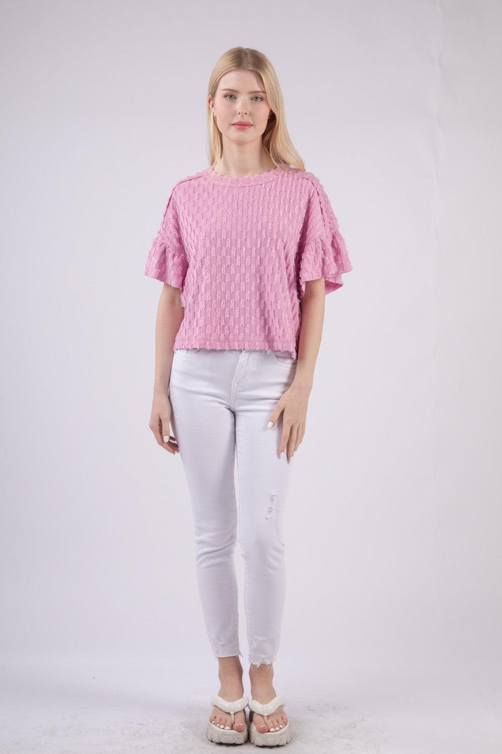 VERY J Full Size Texture Ruffle Short Sleeve Top Carauana Store