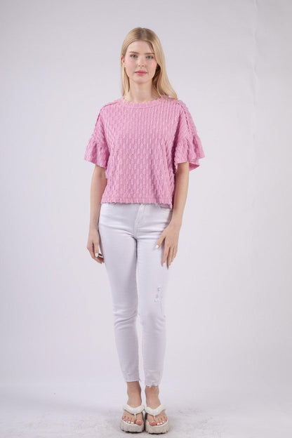 VERY J Full Size Texture Ruffle Short Sleeve Top Carauana Store