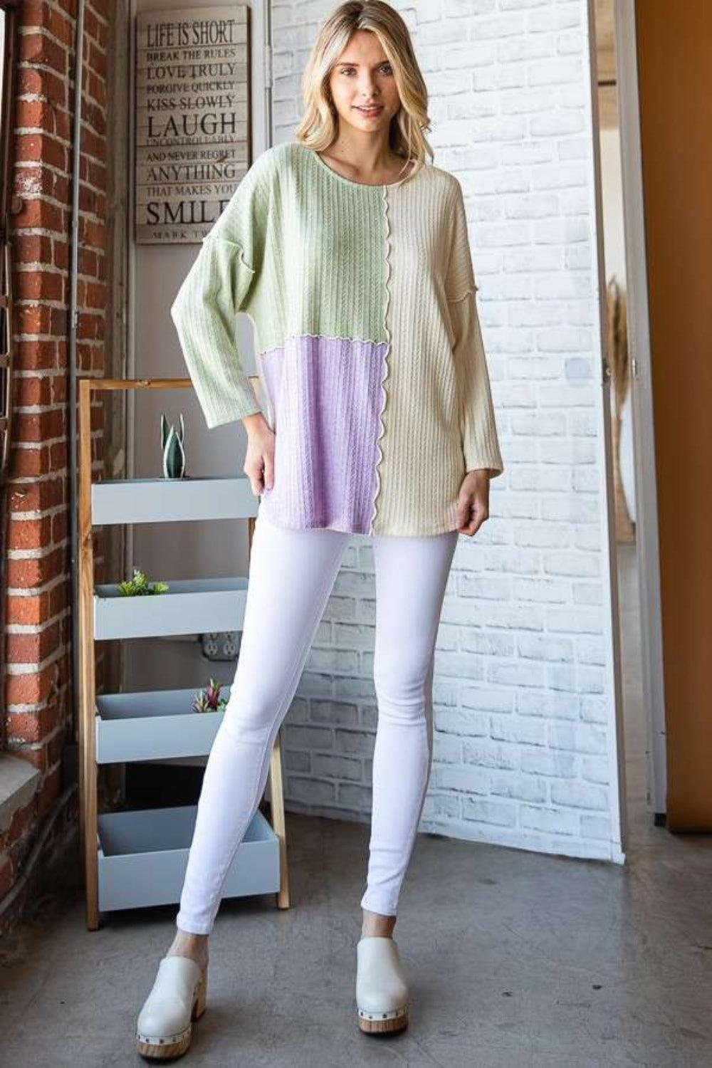 Culture Code Color Block Round Neck Dropped Shoulder Blouse Carauana Store
