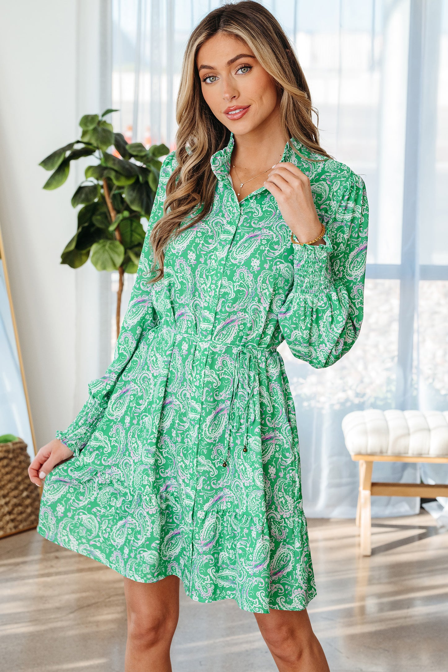 Green Paisley Print Long Sleeve Button Front Tied Waist Mini Dress