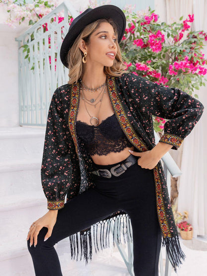 Printed Fringe Detail Cardigan Carauana Store