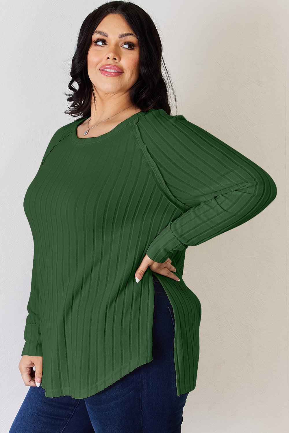 Basic Bae Full Size Ribbed Round Neck Slit T-Shirt Carauana Store