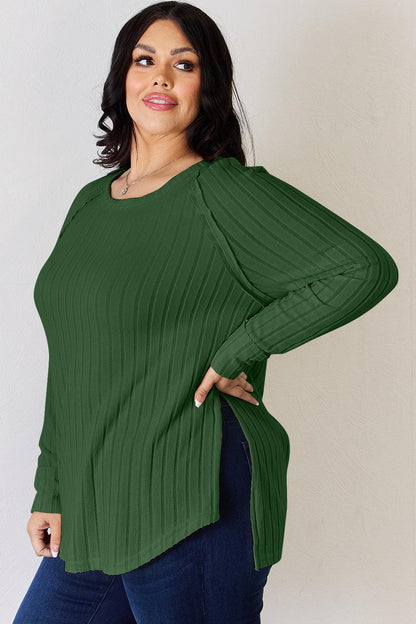 Basic Bae Full Size Ribbed Round Neck Slit T-Shirt Carauana Store