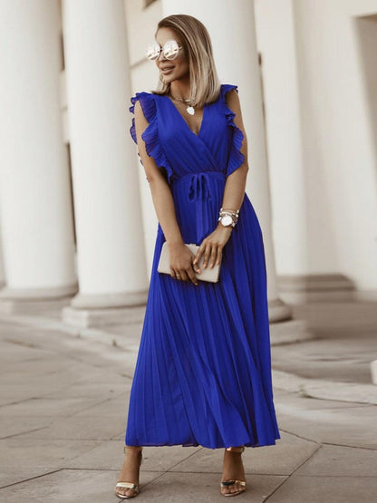 Tied Surplice Cap Sleeve Pleated Dress Carauana Store