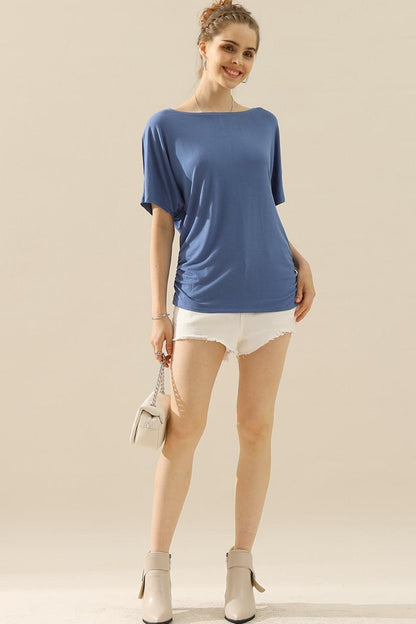 Ninexis Boat Neck Short Sleeve Ruched Side Top Carauana Store