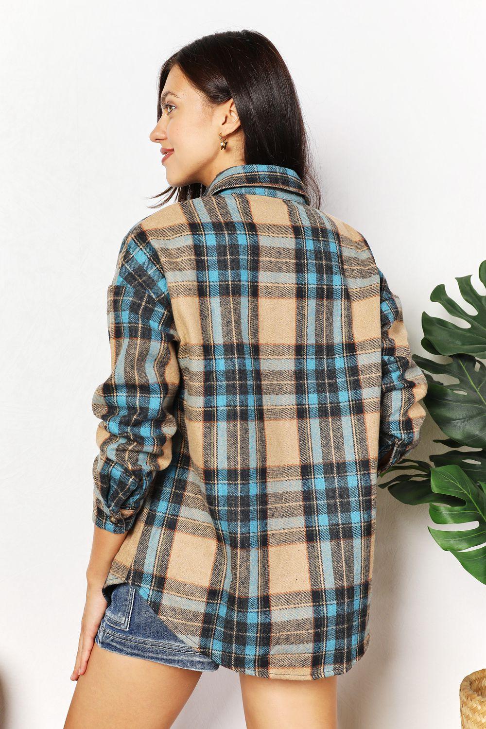 Double Take Plaid Curved Hem Shirt Jacket with Breast Pockets Carauana Store
