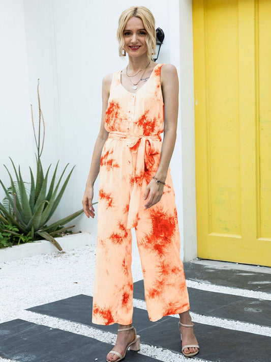 Tie-Dye Tie Waist Sleeveless Jumpsuit Carauana Store
