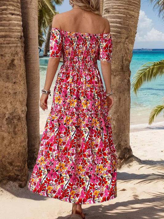 Slit Floral Off-Shoulder Short Sleeve Dress Carauana Store