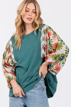 SAGE + FIG Full Size Printed Balloon Sleeve Contrast Top Carauana Store