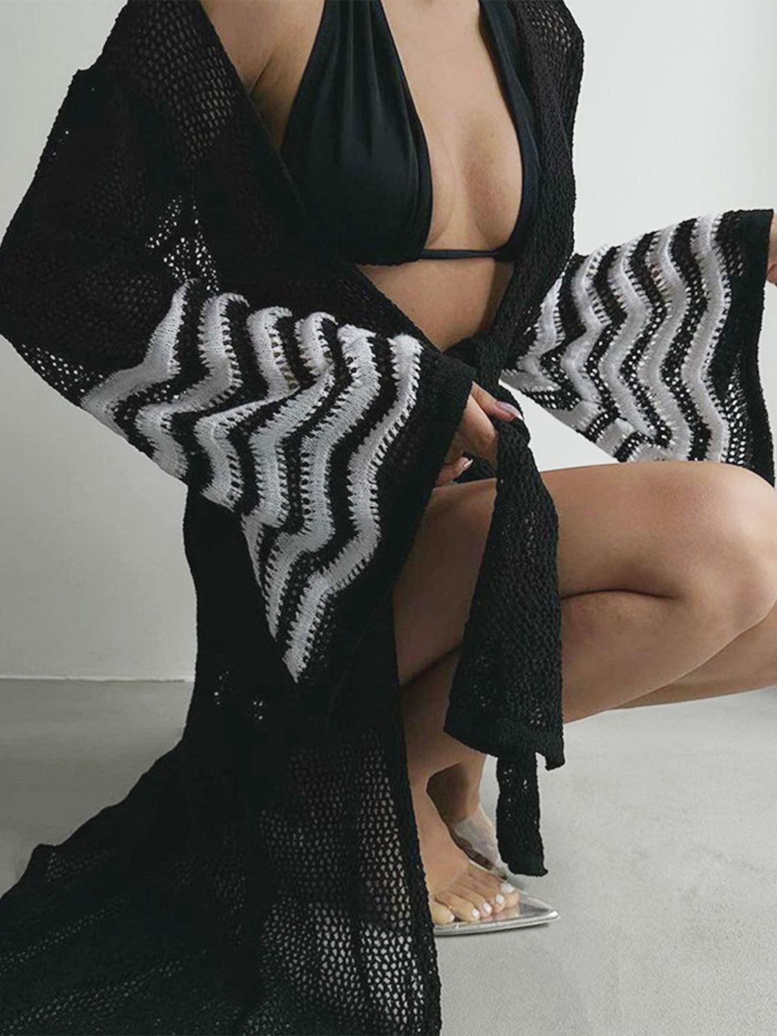 Openwork Striped Flare Sleeve Cover-Up Carauana Store