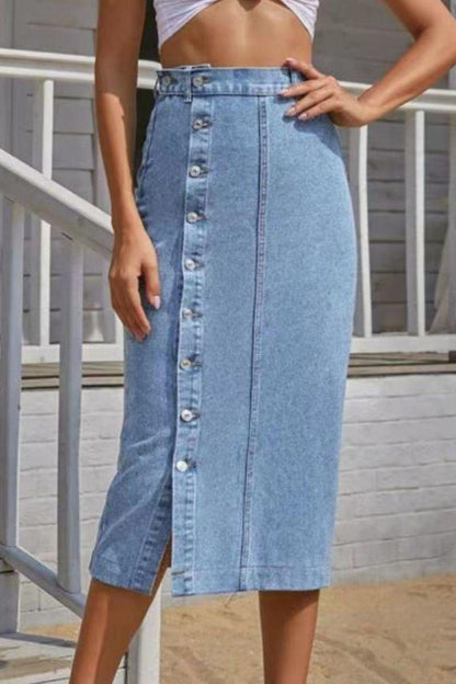Buttoned Split Denim Skirt CaRaUaNa Fashion
