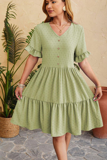 Swiss Dot Ruffled V-Neck Tiered Dress Carauana Store