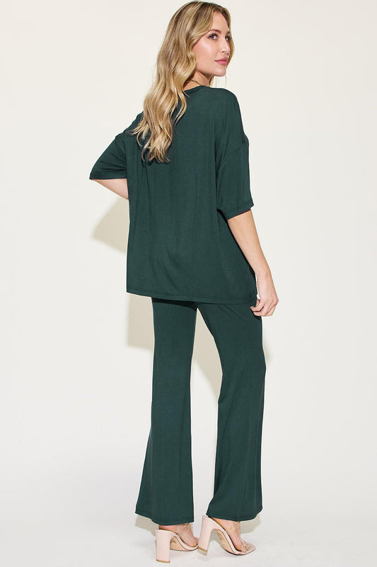 Basic Bae Full Size Bamboo Drop Shoulder T-Shirt and Flare Pants Set Carauana Store
