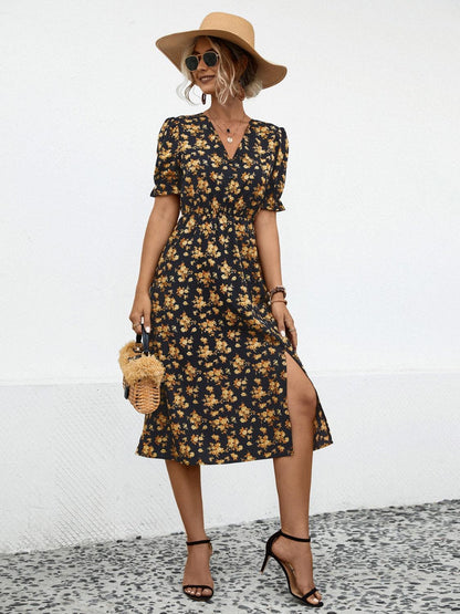Slit Printed V-Neck Short Sleeve Dress Carauana Store