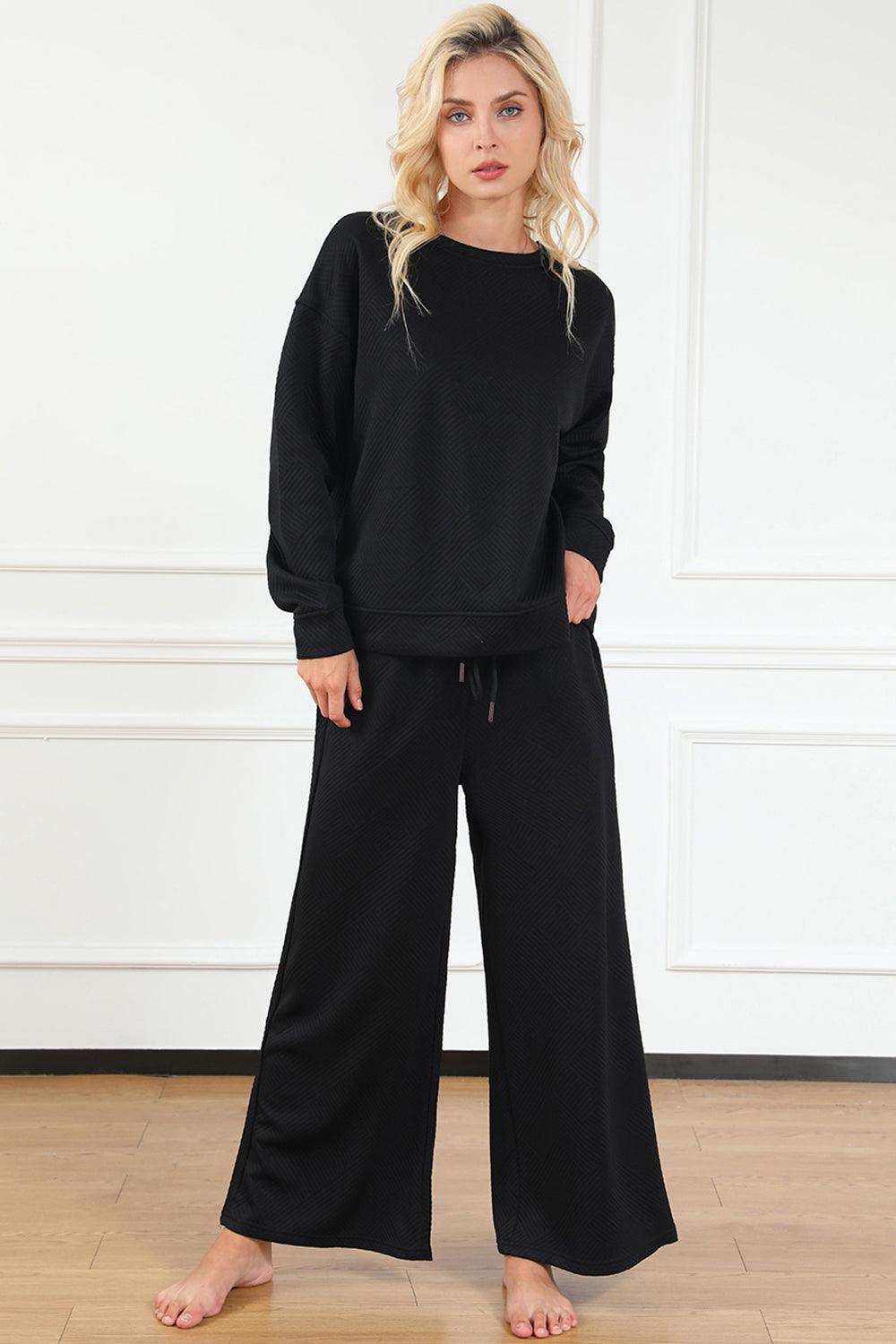 Double Take Full Size Textured Long Sleeve Top and Drawstring Pants Set Carauana Store