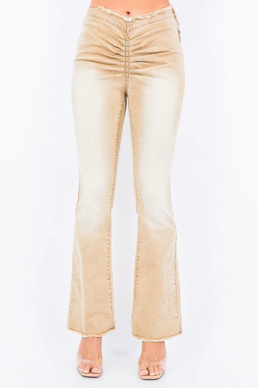 American Bazi V-Cut Ruched Flare Pants Carauana Store