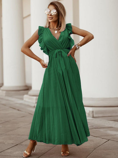 Tied Surplice Cap Sleeve Pleated Dress Carauana Store