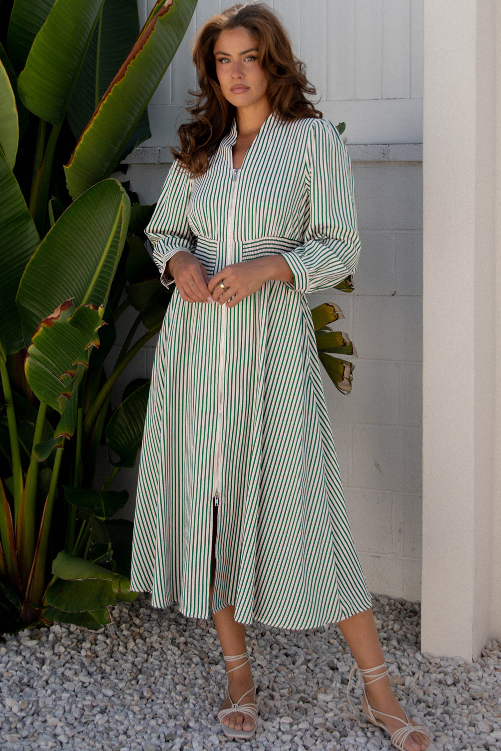 Green Stripe V Neck Zip Front Cinched High Waist Midi Dress