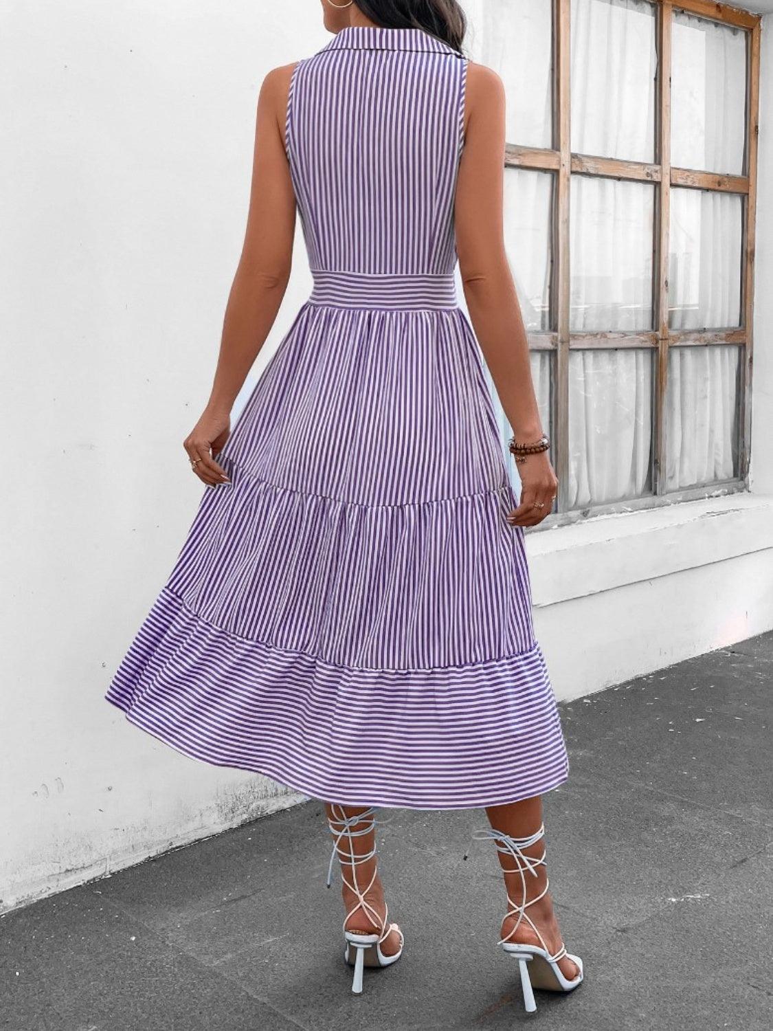 Striped Johnny Collar Sleeveless Midi Dress Carauana Store