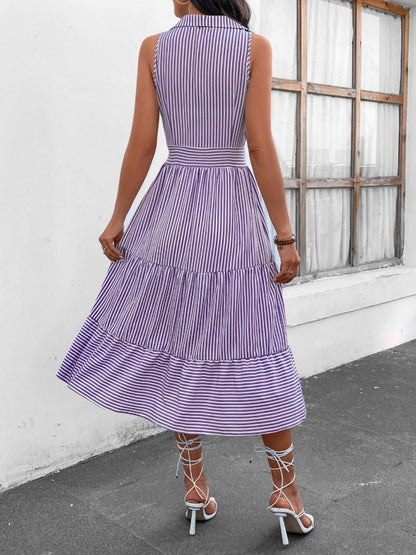 Striped Johnny Collar Sleeveless Midi Dress Carauana Store
