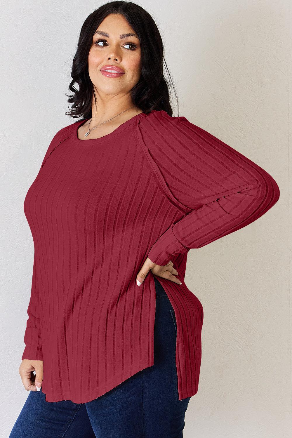 Basic Bae Full Size Ribbed Round Neck Slit T-Shirt Carauana Store