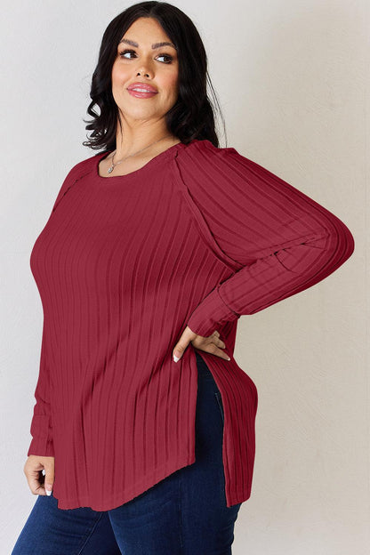 Basic Bae Full Size Ribbed Round Neck Slit T-Shirt Carauana Store