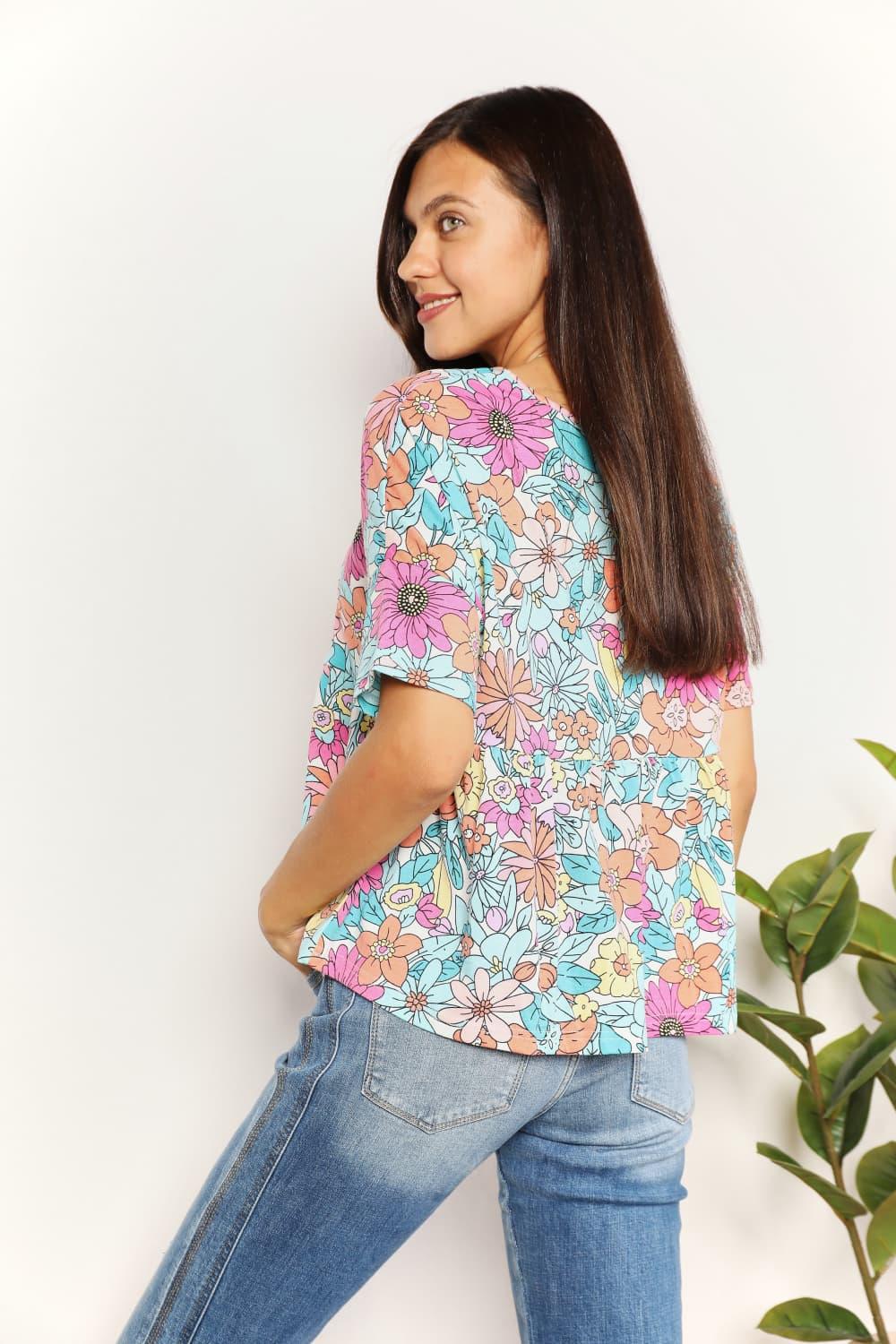 Double Take Floral Round Neck Babydoll Top Carauana Store