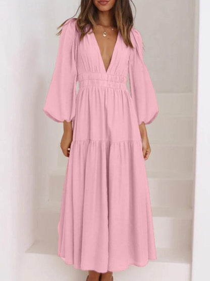 Deep V-Neck Balloon Sleeve Plain Maxi Dress Carauana Store