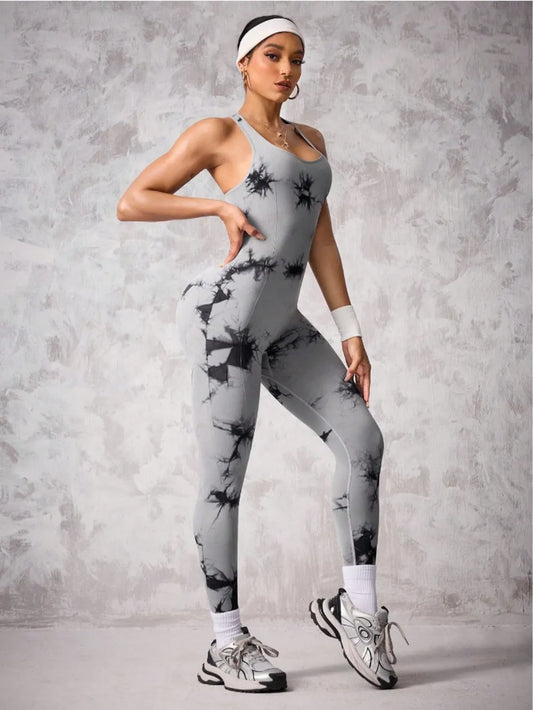 Back Crisscross Tie-Dye Scoop Neck Active Jumpsuit Carauana Store