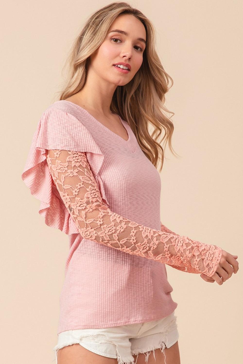 BiBi Ruffled Lace Sleeve Rib Knit Top Carauana Store