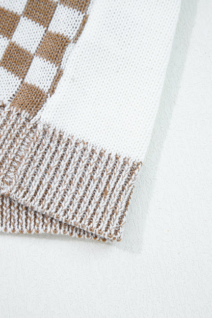 Brown Checkered Bubble Sleeve Drop Shoulder Open Cardigan