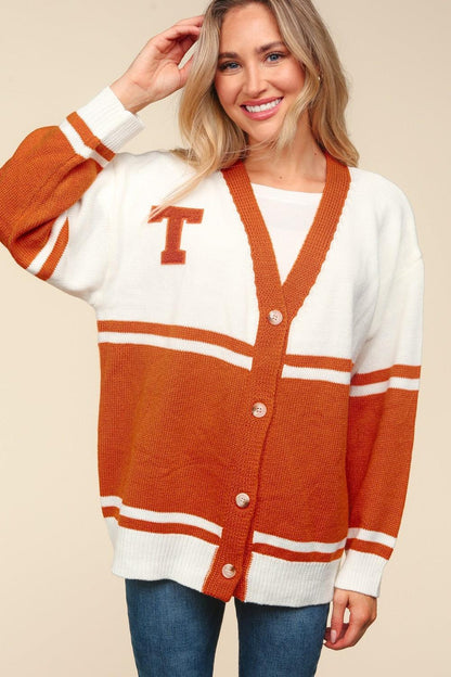 Haptics Full Size V Neck Button Down Letter Patch Cardigan Carauana Store