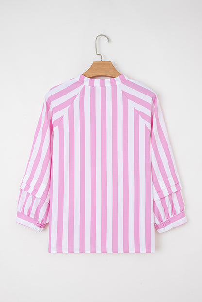 Rose Stripe Split Neck Button Decor Front Puff Sleeve Blouse