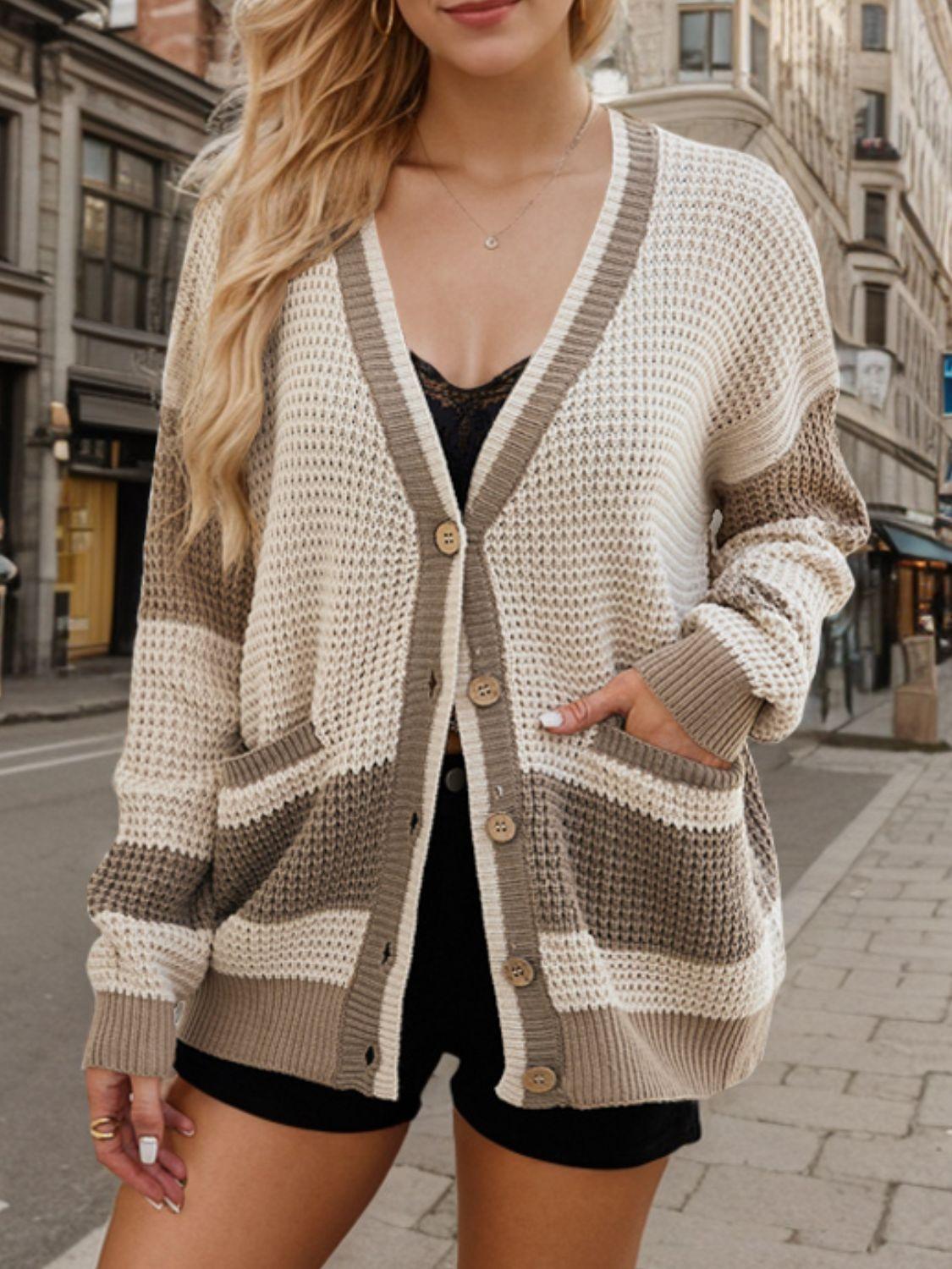 Contrast Button Up Long Sleeve Cardigan CaRaUaNa Fashion