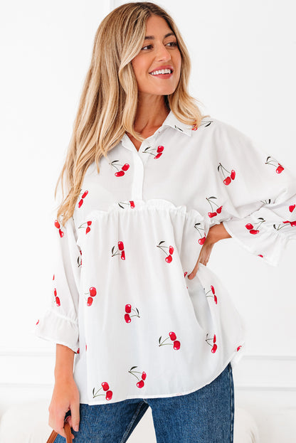 White Cherry Print Flounce Sleeve Collared Frilled Babydoll Blouse