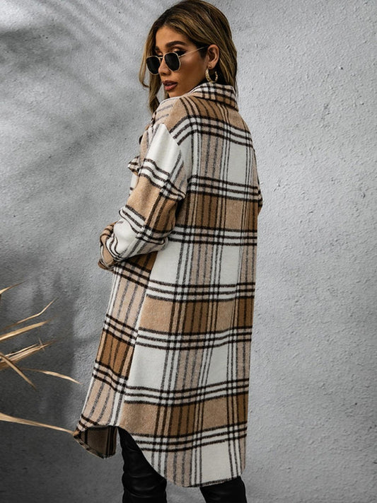 Plaid Collared Neck Long Sleeve Coat Carauana Store